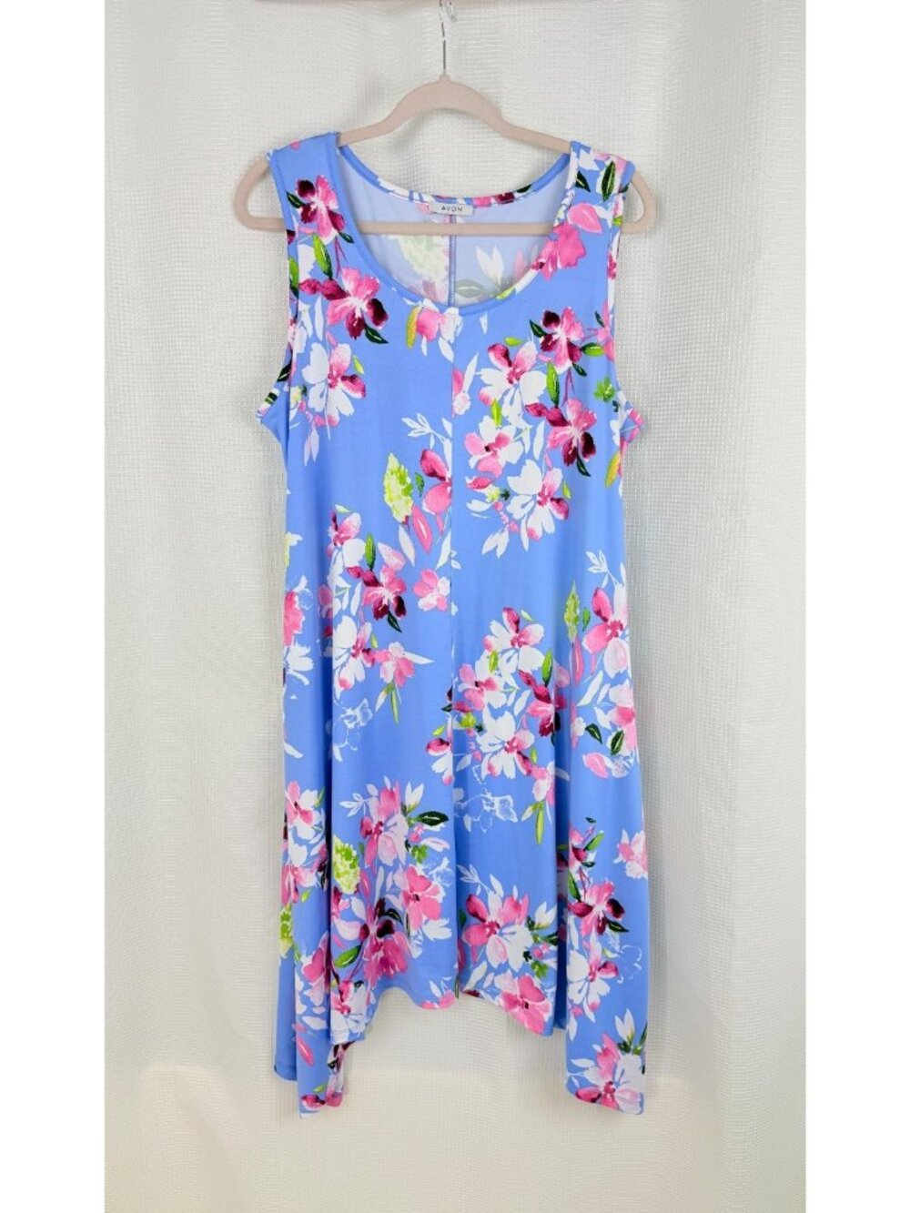 Avon Womens Tank Dress Large Floral Sleeveless Sharkbite Hem Blue Pink F4302111